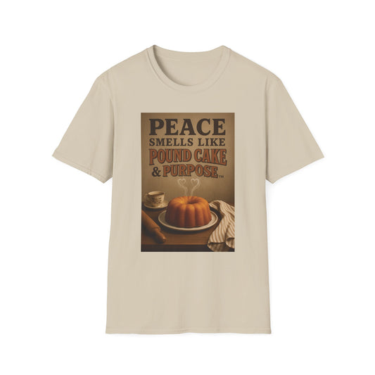 Peace Smells Like Pound Cake & Purpose™ Unisex Softstyle Tee, Fun Baking Tee, Cozy Gift for Foodies, Kitchen Humor Shirt, Perfect for Birthdays
